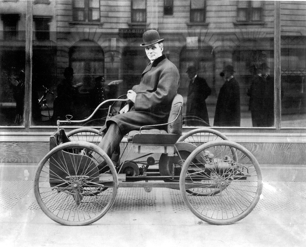 Black and white picture of the ford quadricycle